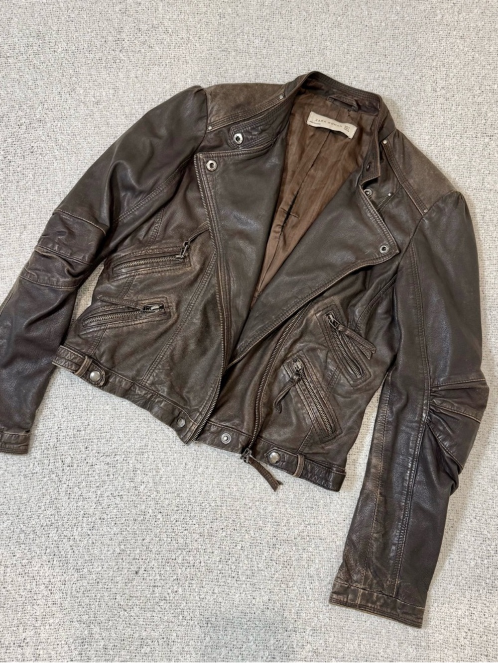 Zara Brown Leather Moto Jacket Size L